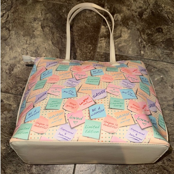 Betsy Johnson Handbags - NWT‎ Betsy Johnson Tote Bag Multi Color Post It Note Print Zipper Top Straps